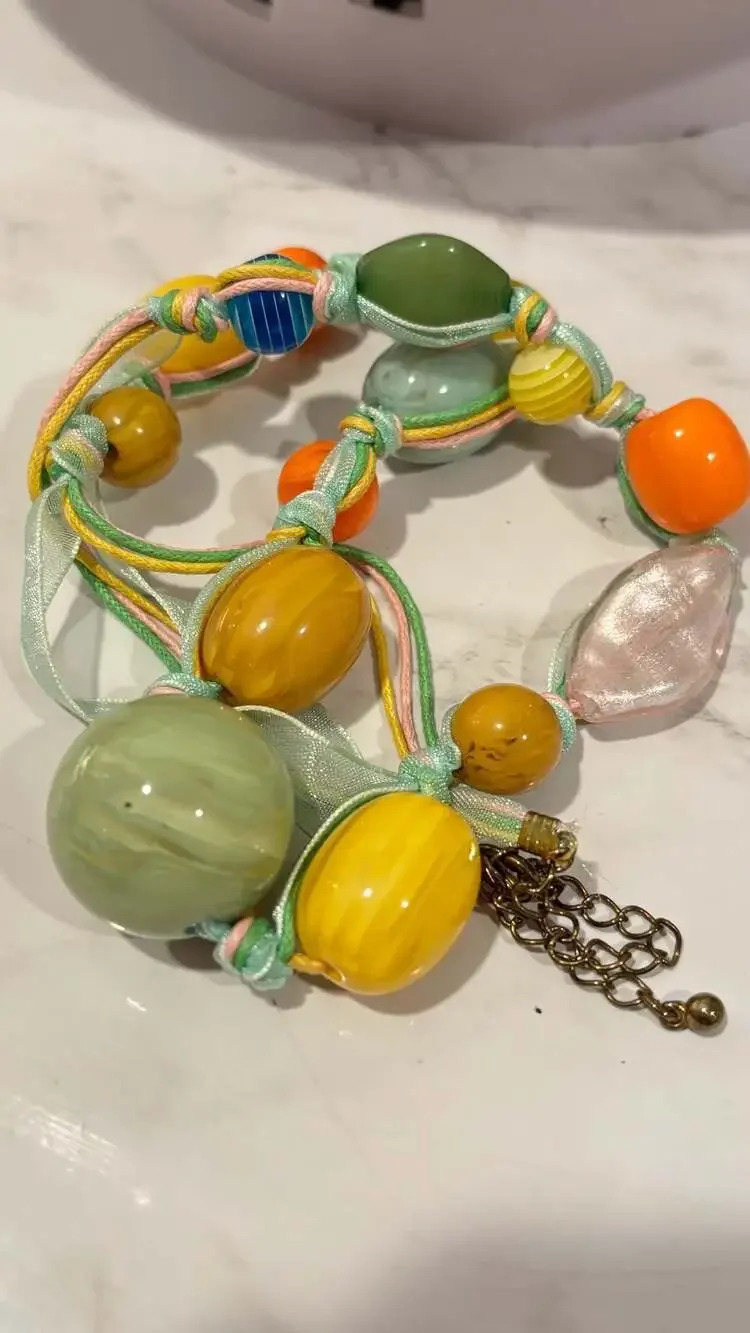 Bohemian Multi-Color Resin Glass Bead Statement Necklace Ribbon Cord